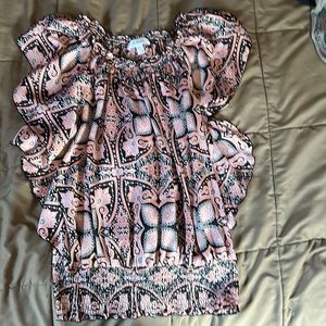 DRESSBARN (L) Blouse Kaftan Angel Wing Sleeve Polyester Salmon PINK BLACK Top